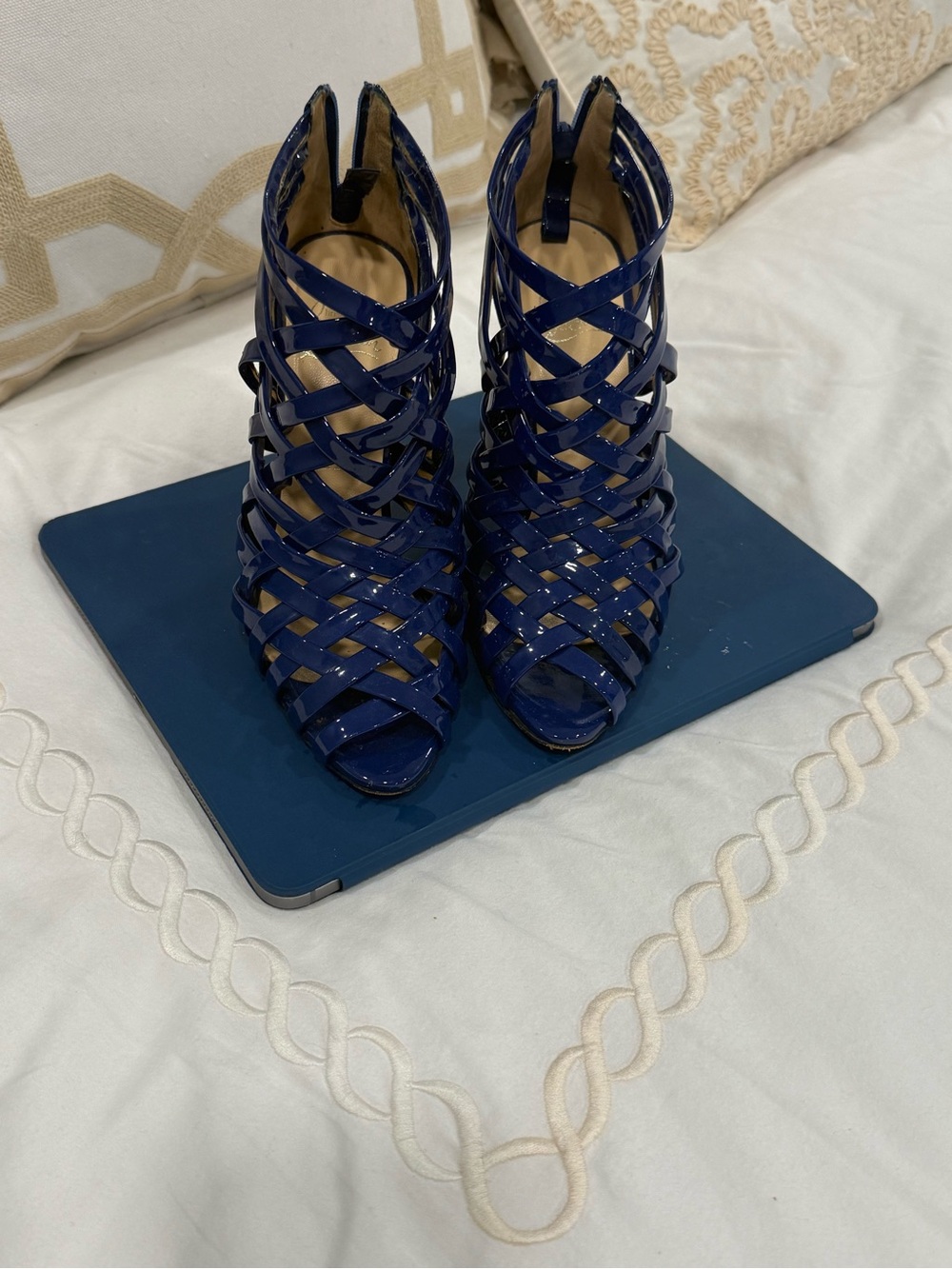 Christian Louboutin Navy Patent Strappy Cage Peep-Toe Heels